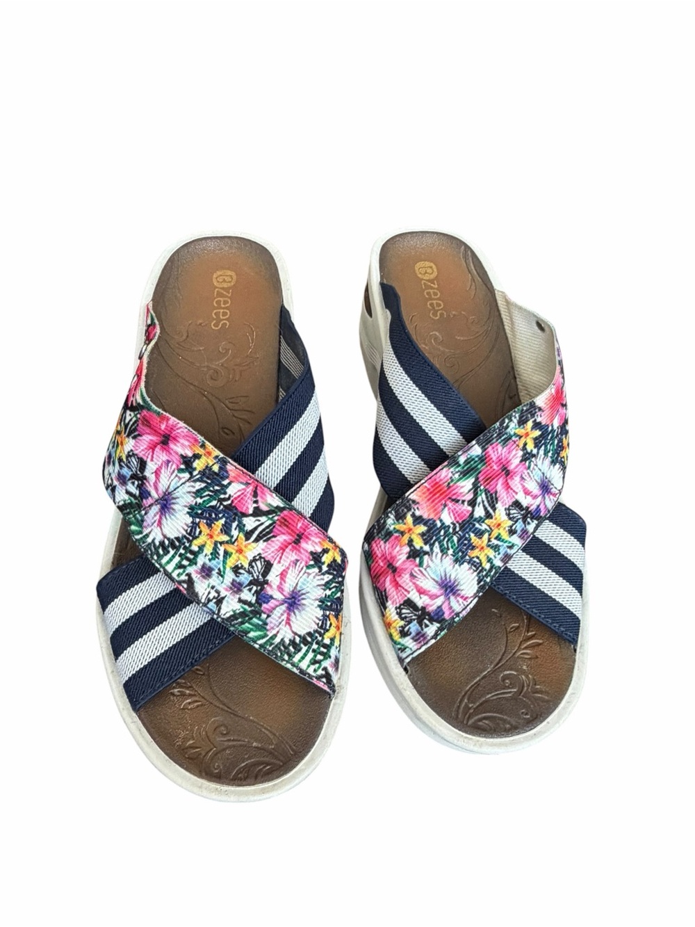 Bzees Desire Floral Striped Cross Strap Slide Wedge Sandals Size 8